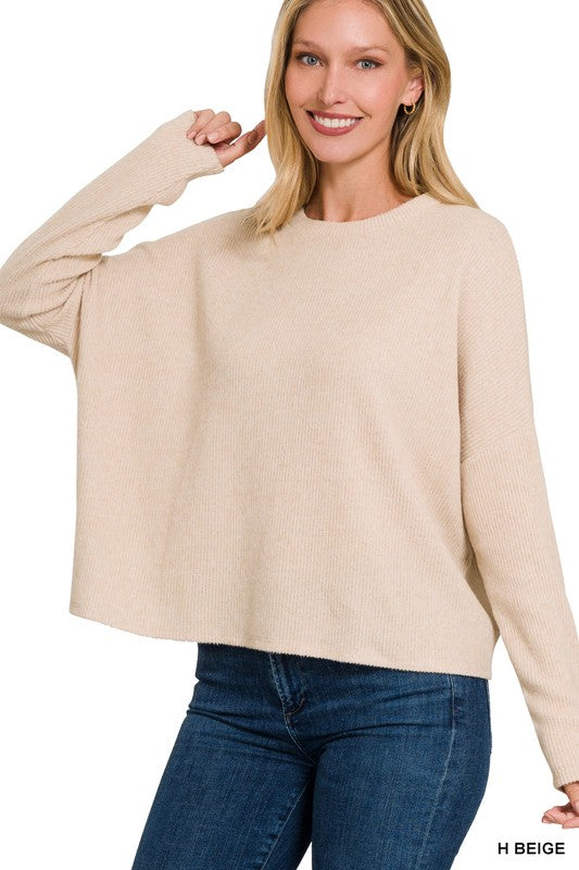 Zenana Ribbed Dolman Long Sleeve Sweater H BEIGE ZENANA