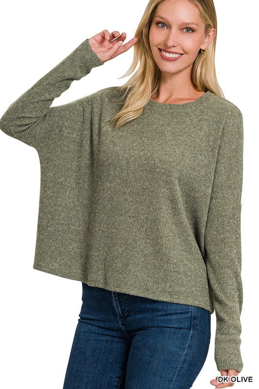 Zenana Ribbed Dolman Long Sleeve Sweater DK OLIVE ZENANA