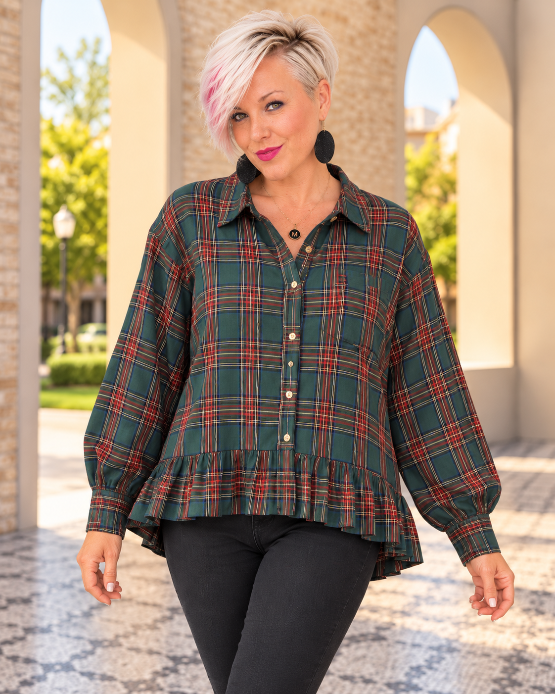 Ruffle the Rules Plaid Flannel Top in Green