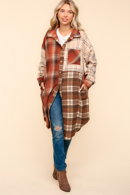 Haptics Stand Out Rust & Taupe Color Block Plaid Longline Shacket Haptics