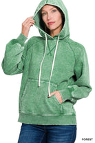 Zenana Ash Black Acid Wash Fleece Hoodie with Drawstring