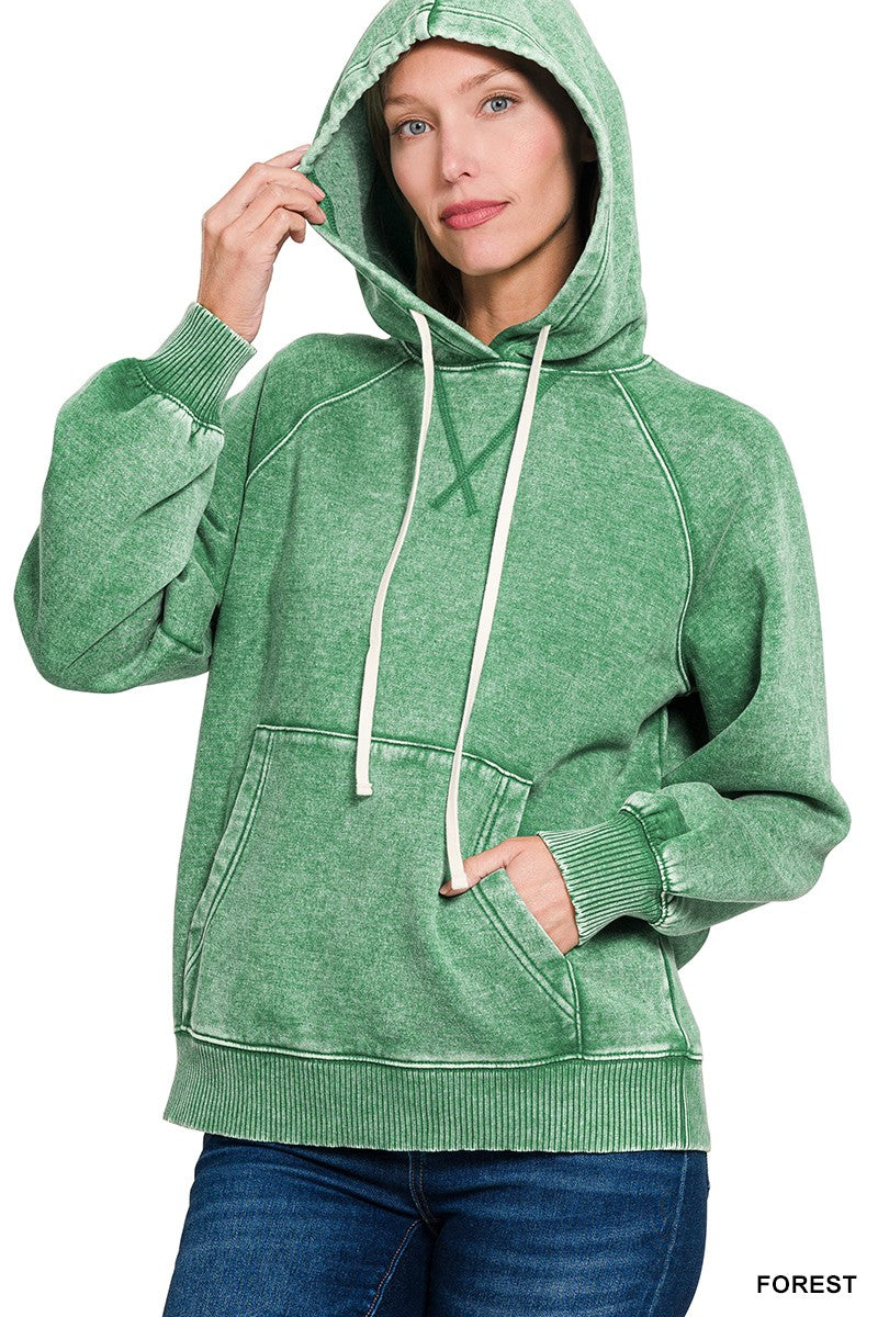 Zenana Ash Black Acid Wash Fleece Hoodie with Drawstring