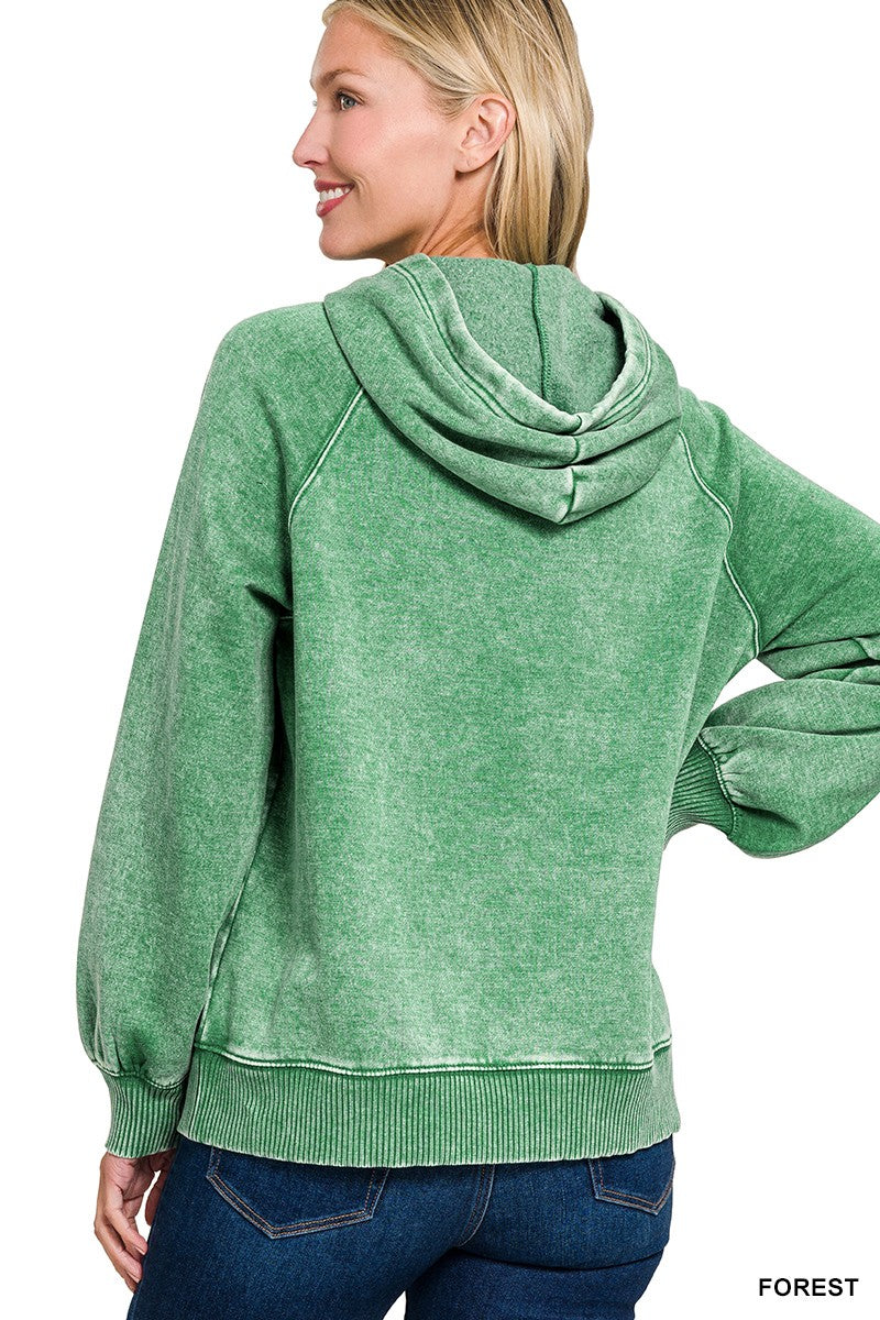 Zenana Ash Black Acid Wash Fleece Hoodie with Drawstring