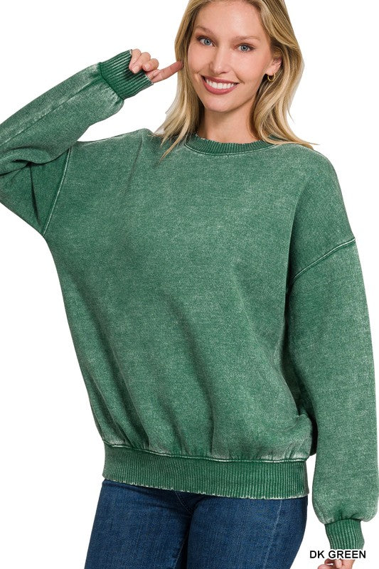 Zenana Acid Wash Fleece Oversized Pullover DK GREEN ZENANA
