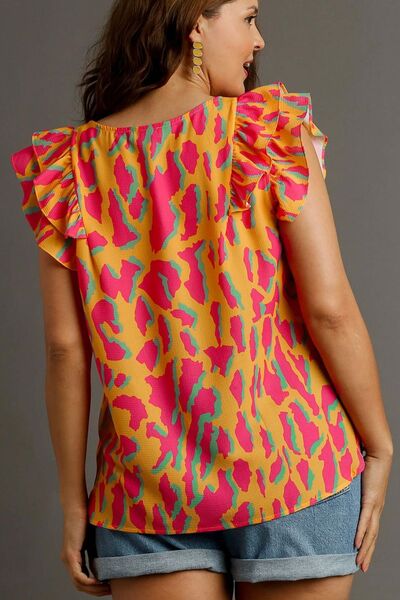 Umgee Tangerine Abstract Print V-Neck Double Layer Ruffle Sleeve Blouse