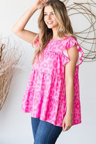 Heimish Fuchsia Tiered Leopard Round Neck Blouse with Ruffled Detail