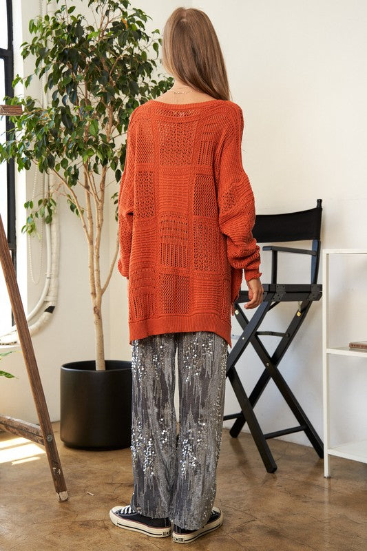 Davi & Dani Orange Openwork Side Slit Drop Shoulder Knit Cover Up