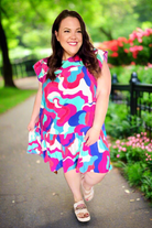 Haptics Go For Fun Fuchsia Geo Print Tiered Ruffle Sleeve Woven Dress Final Sale