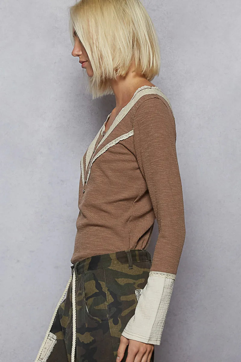 POL Chocolate Double Gauze Ribbed Half Button Lace Detail Knit Top