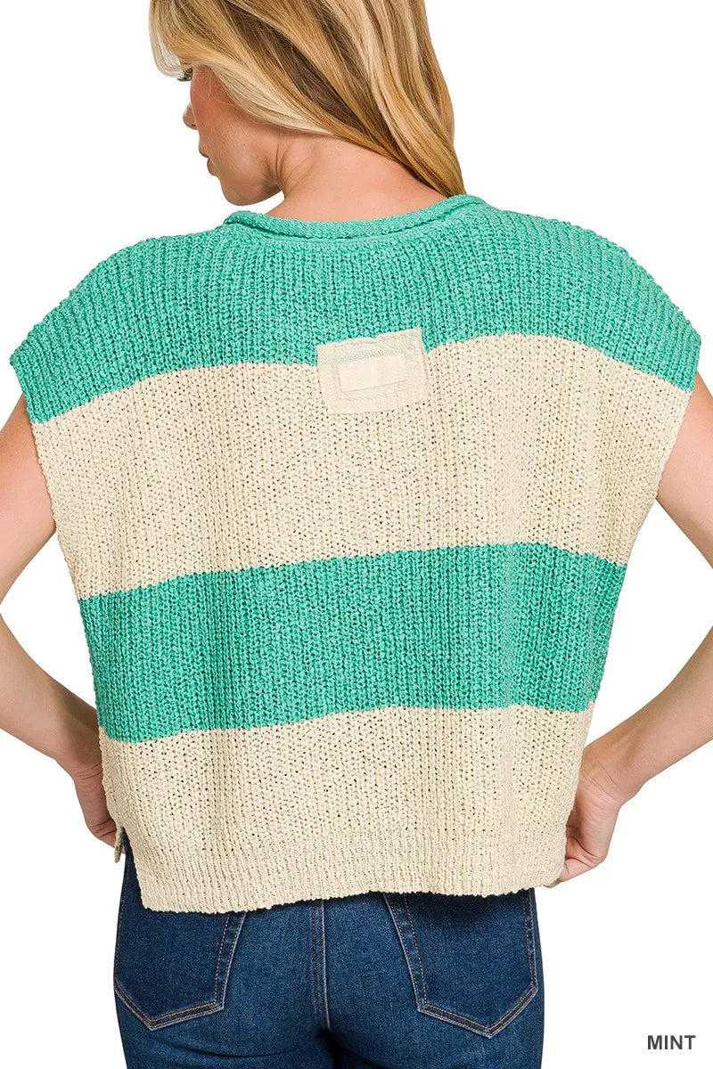 Zenana Split Neck Sleeveless Stripe Sweater