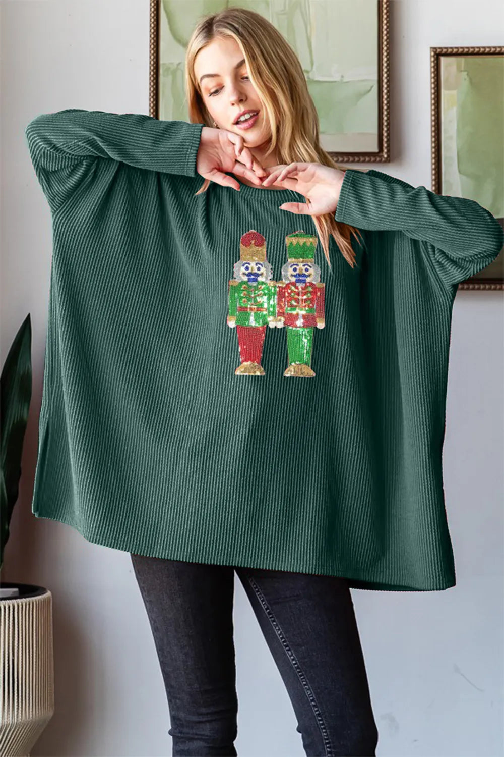 Heimish Hunter Green Sequin Nutcracker Long Sleeve Ribbed Top