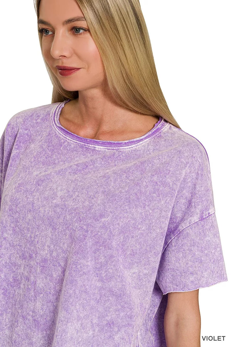 Zenana Violet Halo Washed Cotton Short Sleeve Top