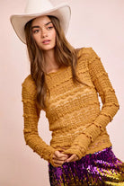 BiBi Mustard Ruffles Detail Mardi Gras Color Flower Lace Top MUSTARD