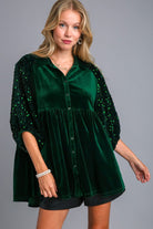 Umgee Velvet Tiered Back Sequin Detail Sleeve Blouse in Hunter Green Hunter Green Shirts & Tops