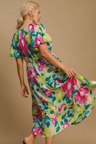 Umgee Mint Tiered Floral Print Notched Puff Sleeve Midi Dress