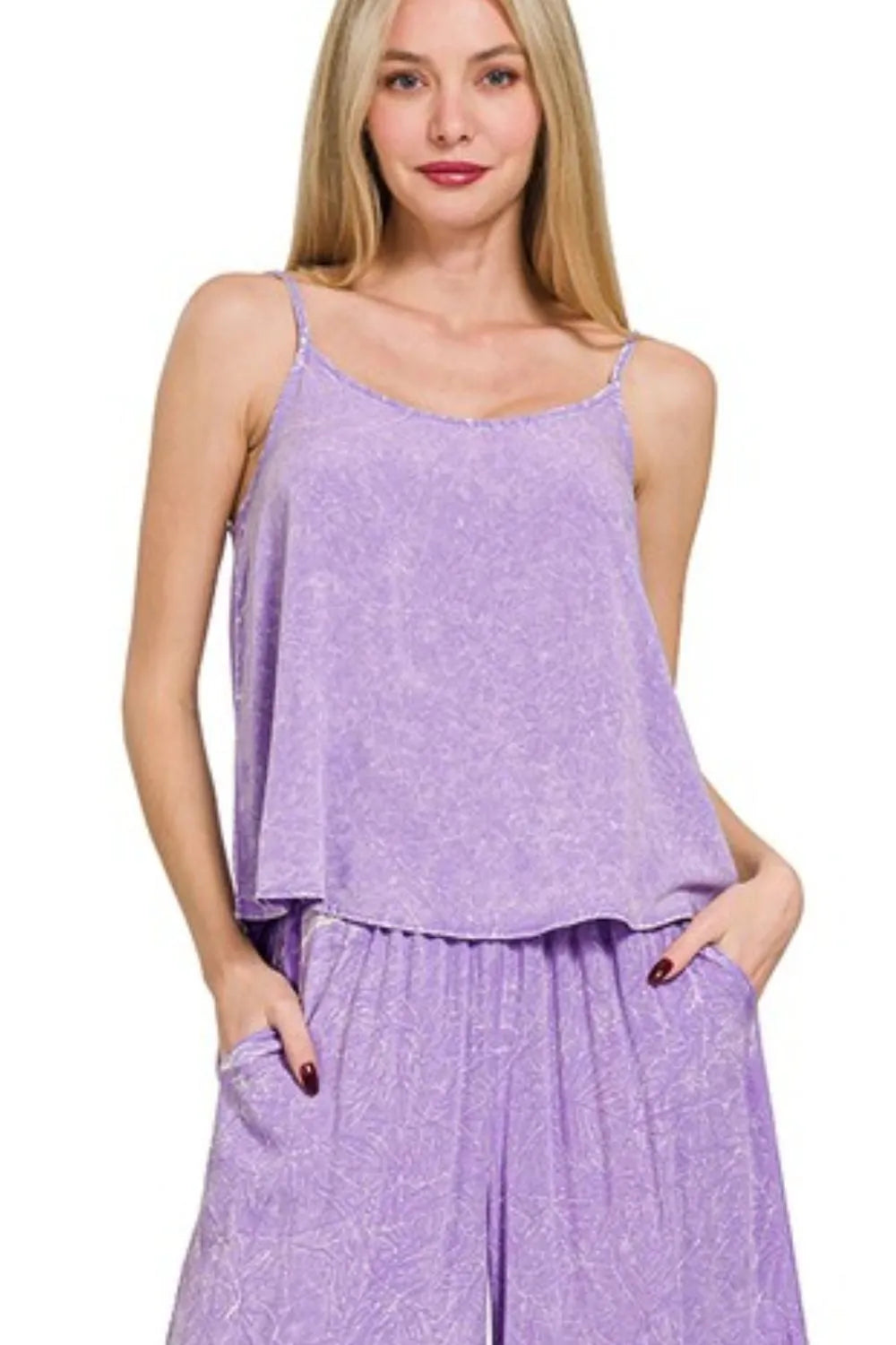 Zenana Lavender Woven Acid Crinkle Washed Cami & Pants 2 Piece Set