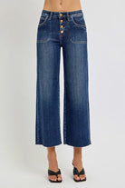 RISEN Dark Washed High Rise Crop Wide Button Down Jeans