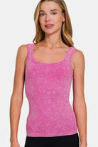 Zenana Hot Pink Stone Washed Ribbed Scoop Neck Tank Top Hot Pink