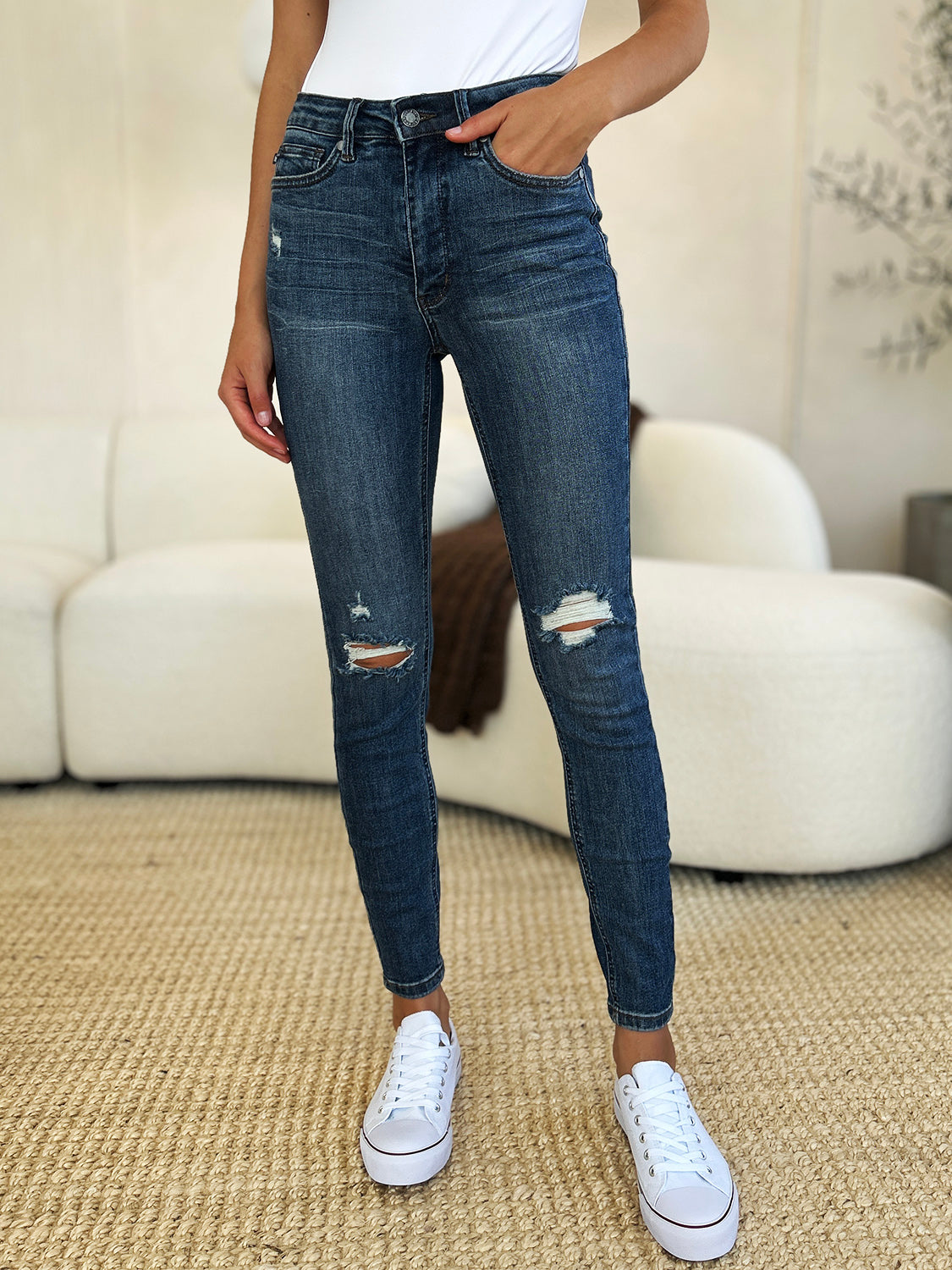 Judy Blue Dark Washed Mid Waist Distressed Slim Jeans Trendsi