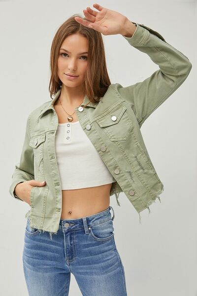 RISEN Sage Raw Hem Button Up Cropped Denim Jacket