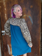 Jodifl Teal and Leopard Color Block Poet Sleeve Dress Dresses