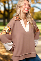 Haptics Caramel Ribbed Floral Print Colorblock Notch Neck Top Haptics