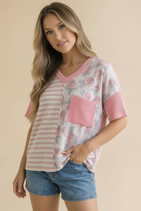 Haptics So Rosy Mixed Print V-Neck Top