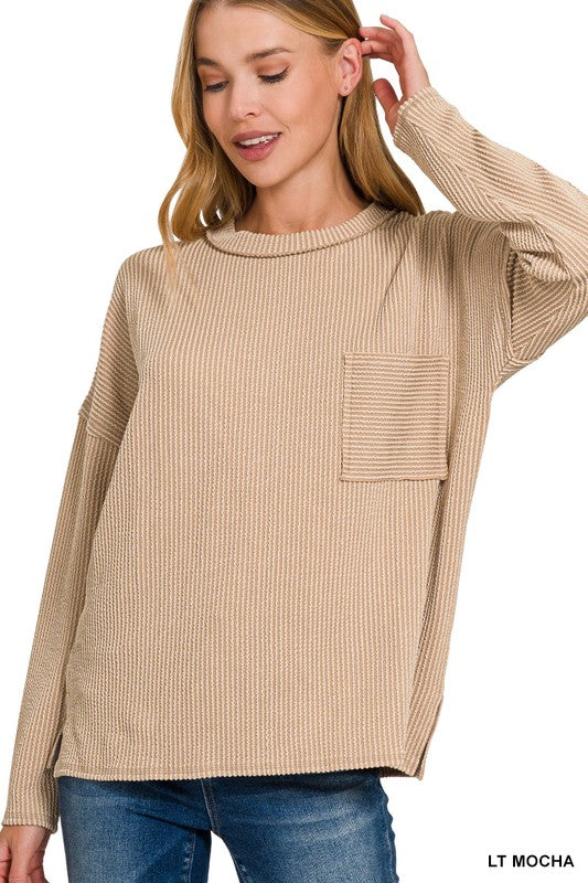 Zenana Ruby Long Sleeve Drop Shoulder Rib Top