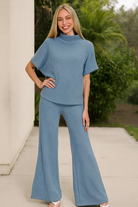 Zenana Dusty Blue Sweater Mock Neck Top & Long Pants Set DUSTY BLUE