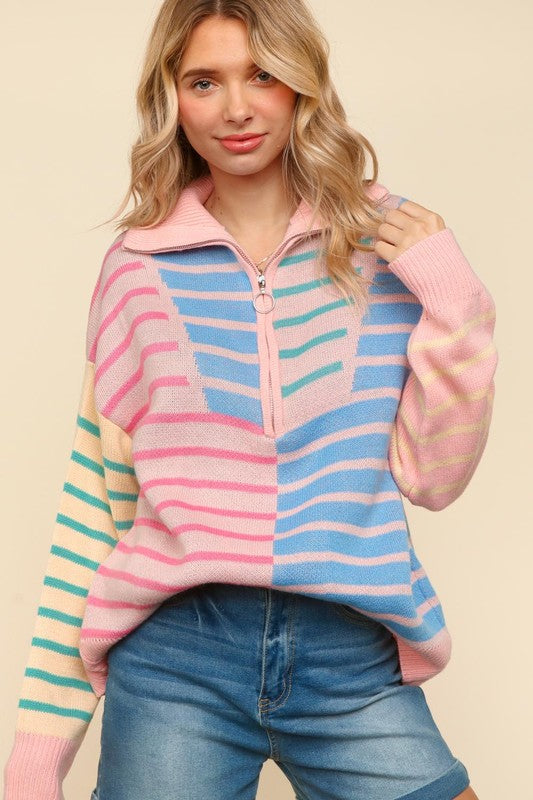 Haptics Blush & Blue Stripe Half Zip Up Oversized Sweater Shirts