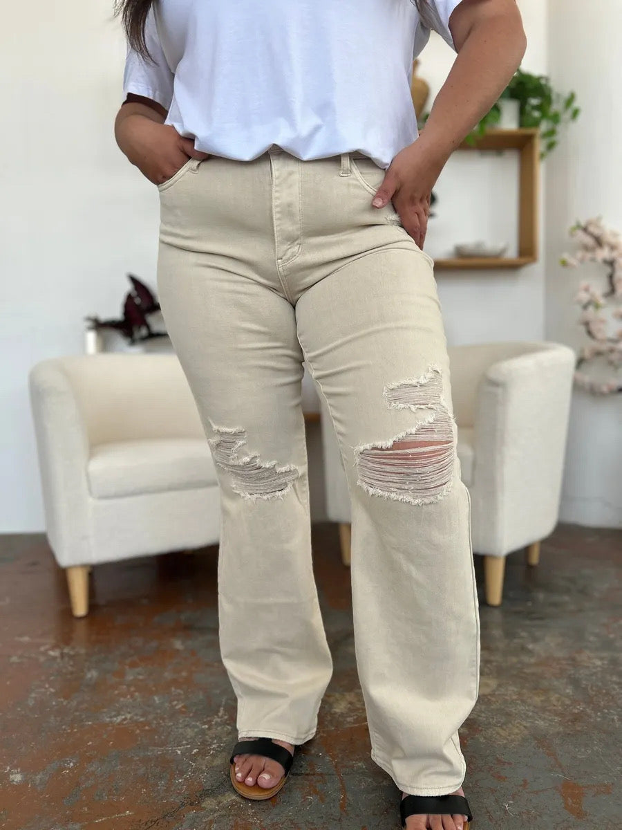 Judy Blue High Waist Distressed Wide Leg Jeans in Bone Pants