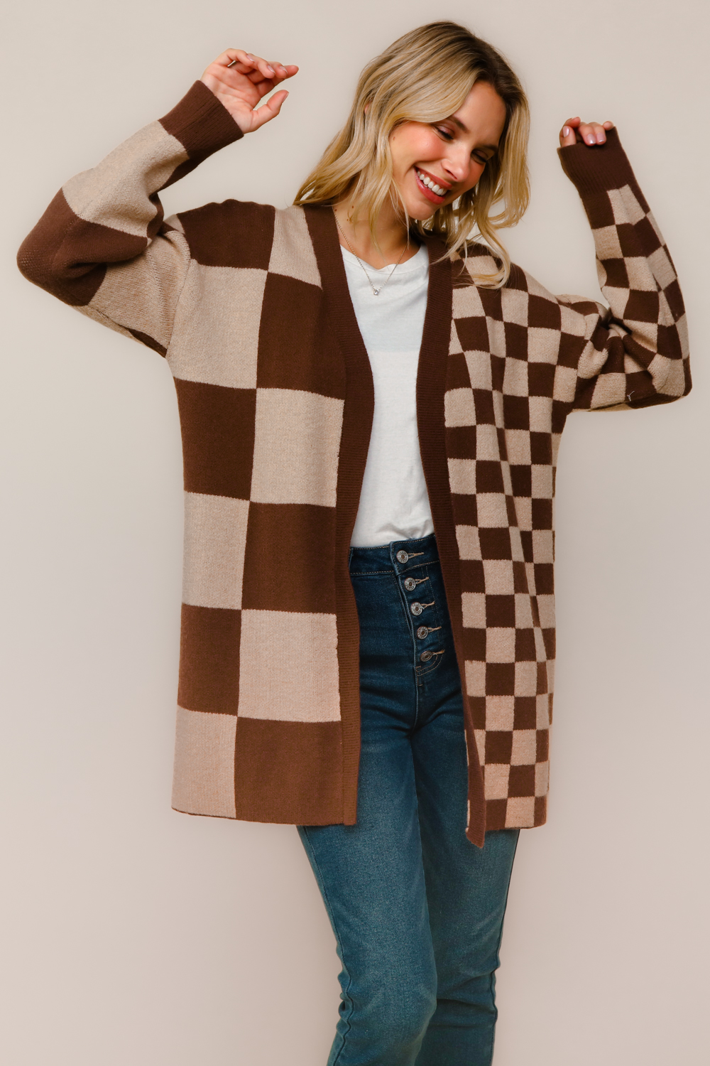 Haptics Brown & Taupe Checkerboard Color Block Cardigan Sweater