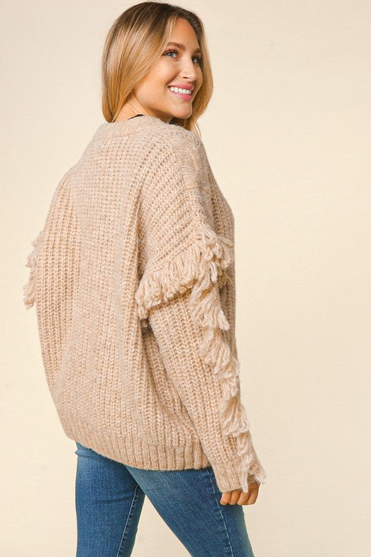 Haptics Oversized Oatmeal V Neck Fringe Chunky Cable Cardigan Sweater