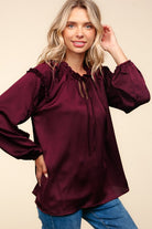 Haptics Holiday Vibes Burgundy Frill Detail Tie Neck Satin Top