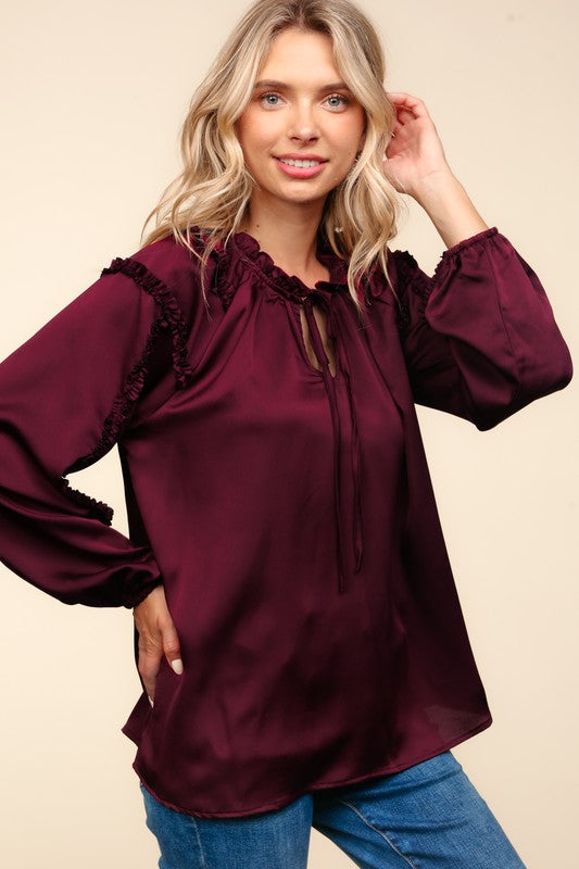 Haptics Holiday Vibes Burgundy Frill Detail Tie Neck Satin Top Haptics