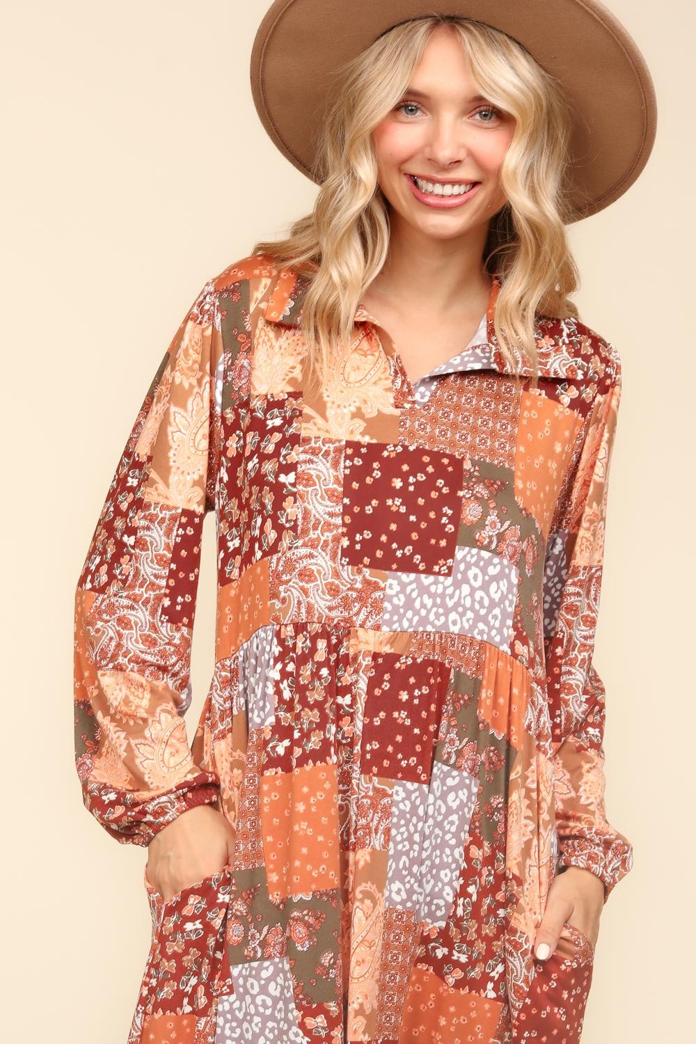 Haptics Patchwork Dreams Long Sleeve Midi Dress