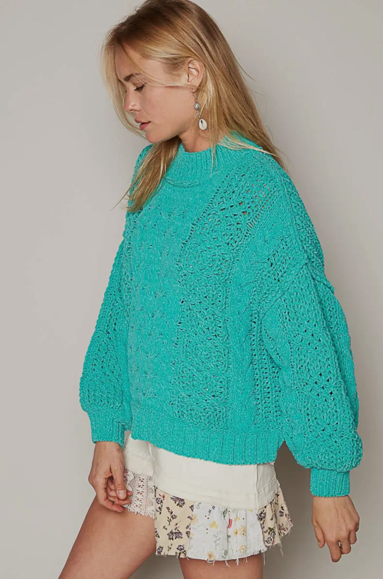 POL Jungle Green Mock Neck Chenille Cable Knit Balloon Sleeve Sweater Trendsi