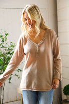 And The Why Brown Henley Cuff Sleeve Side Slit Pullover