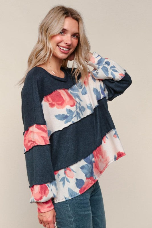 Haptics Floral Colorblock & Out-seam Overlock Stitching Long Sleeve Top
