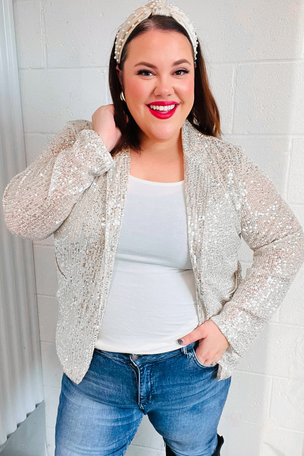 Haptics Shiny Silver Sequin Open Blazer Haptics