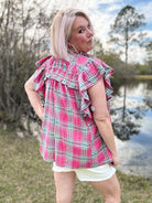 Haptics Fuchsia Plaid Shirred Yoke Flutter Sleeve Top Haptics