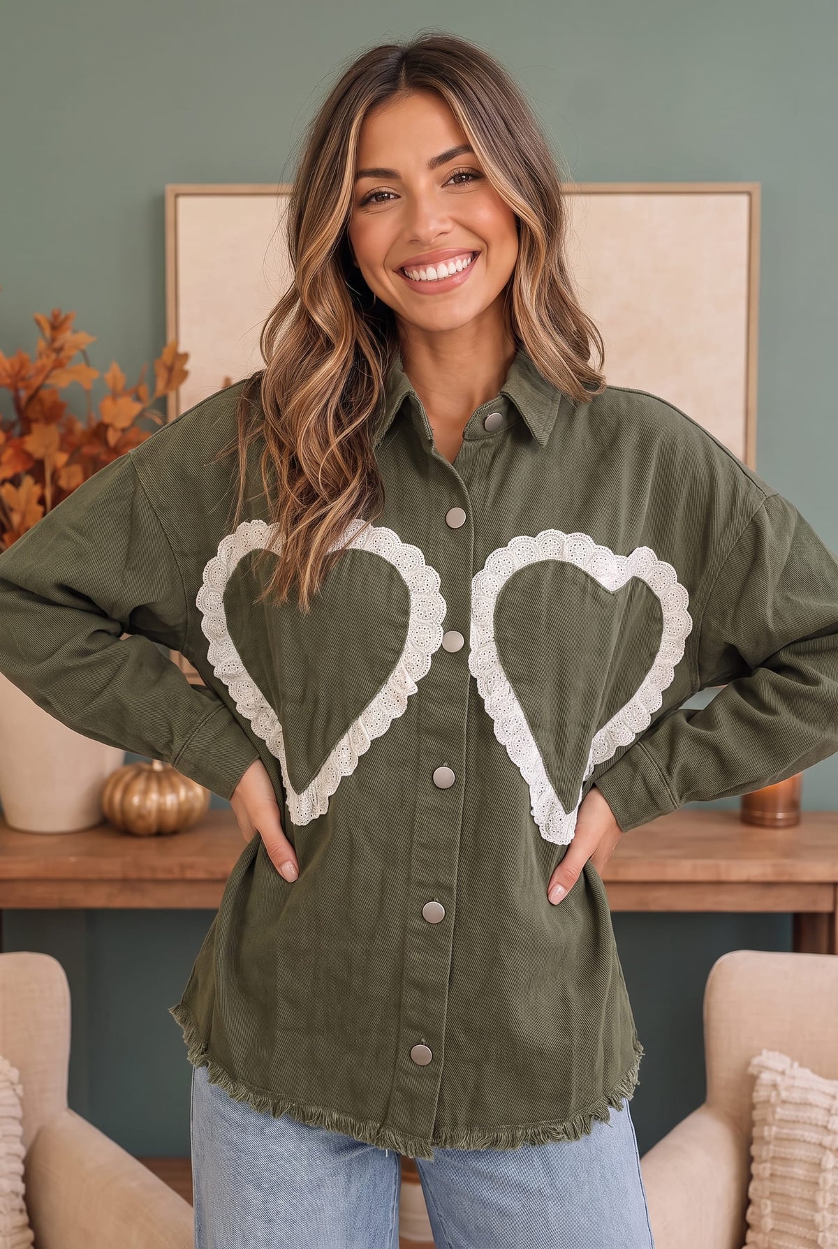 BIBI I Heart You Lace Applique Corduroy Shacket