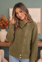 BIBI On Set Zip-Up Ribbed Sweater Moto Jacket in Olive