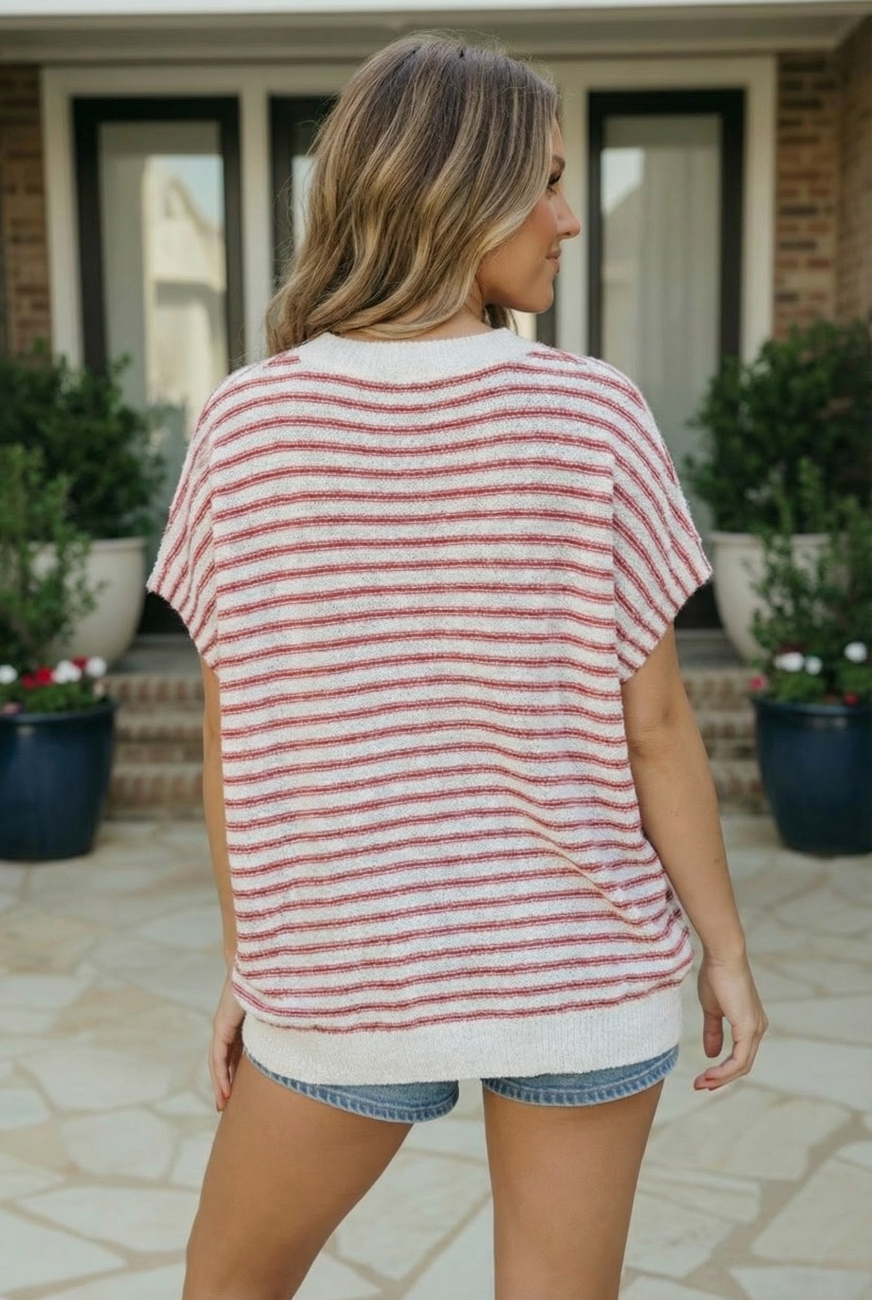 Haptics Breezy Stripe Knit Top in Ivory and Red