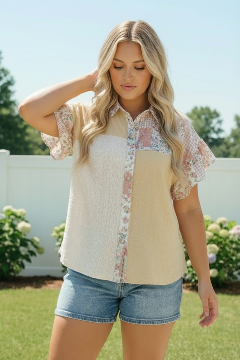 Haptics Pretty Patchwork Floral Button Down Top