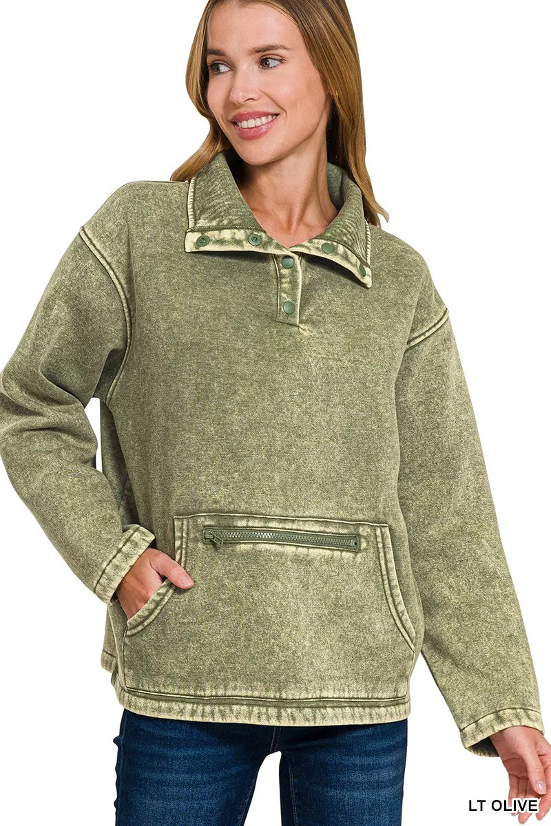 Zenana Light Olive Fleece Washed High Neck Kangaroo Pocket Sweatshirt LT OLIVE