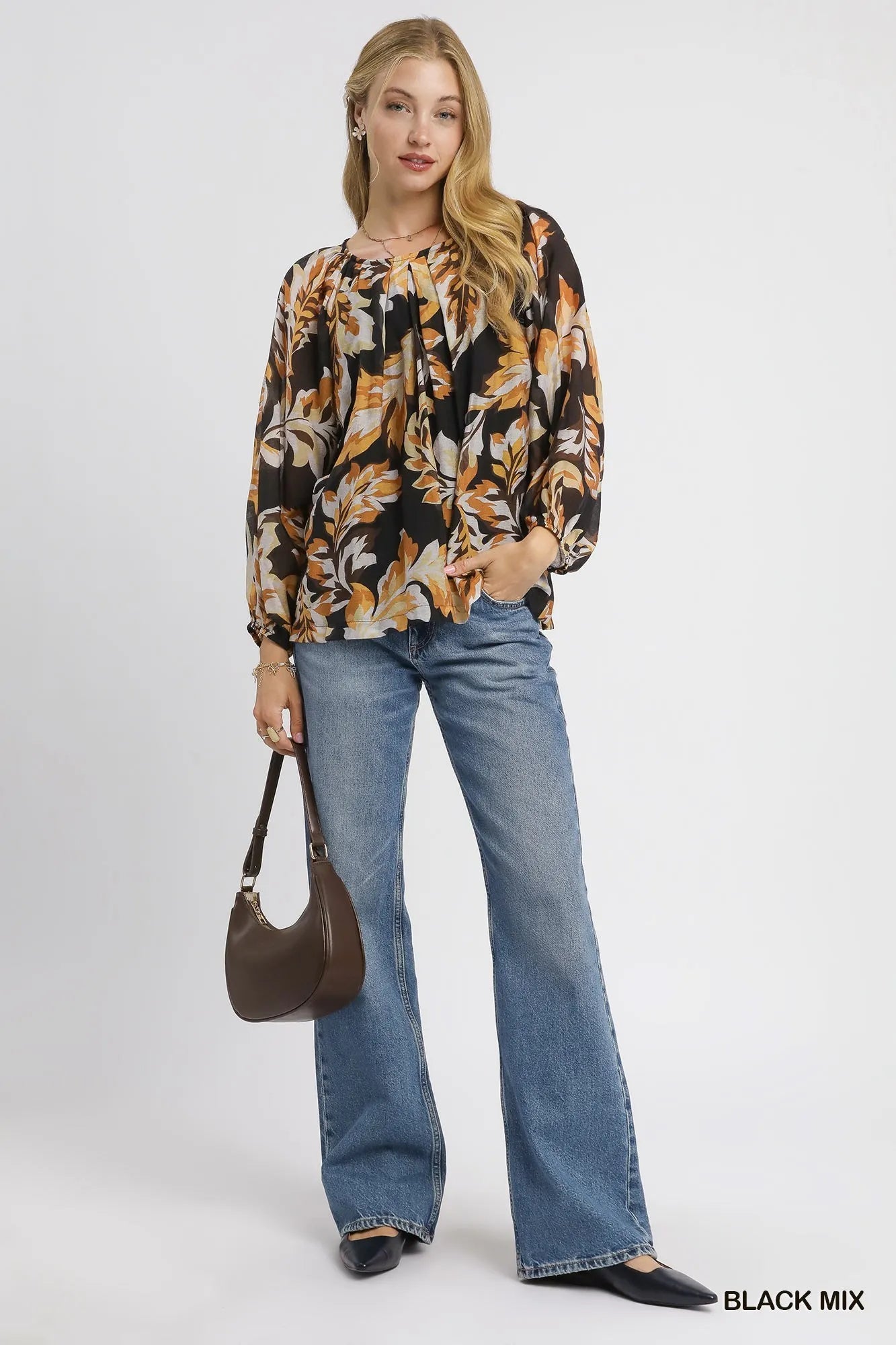 Umgee Black Mix Abstract Print Balloon Sleeve Blouse