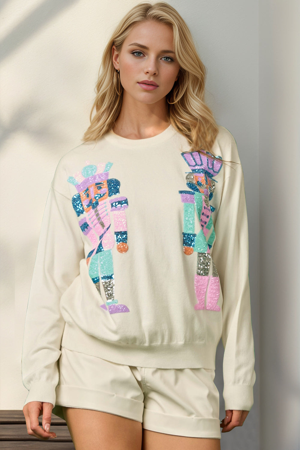 Preorder: Double Take Sequin Nutcracker Long Sleeve Sweater Cream Trendsi