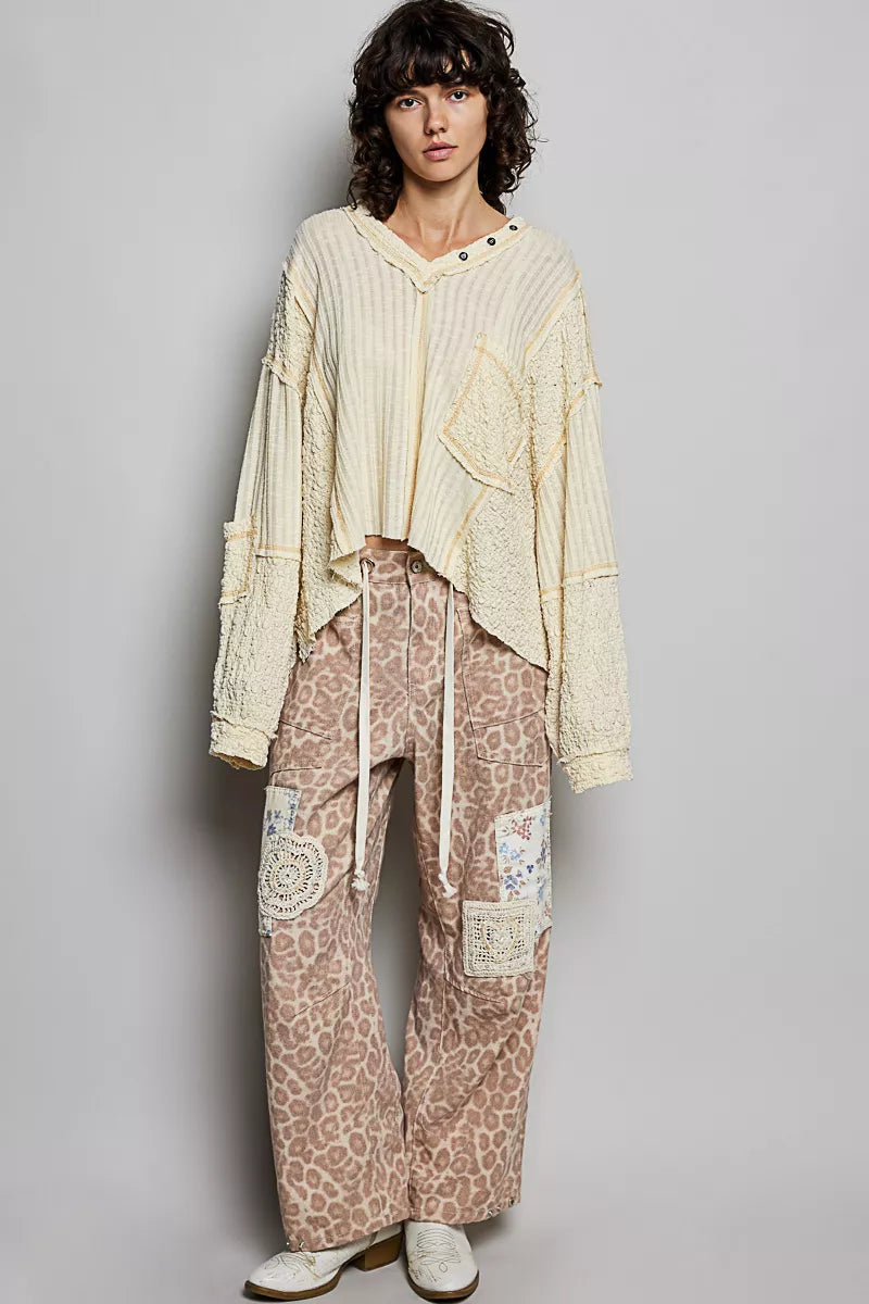 POL Natural V-Neck Long Sleeve Top with Stitch Detail