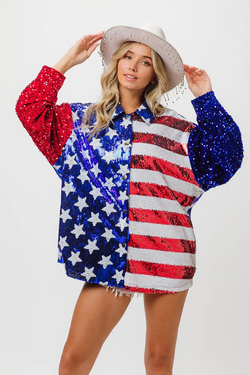 BiBi Velvet Sequin American Flag Long Sleeve Top ROYAL BLUE RED